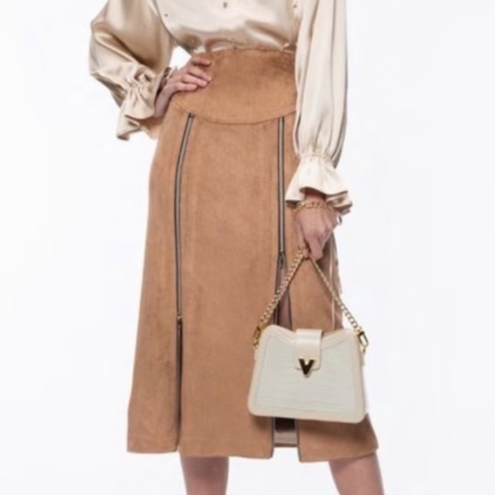 Elegant Tan Pencil Skirt with Stripe Details